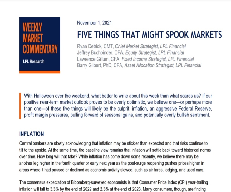 5 Things That Might Spook Markets | Weekly Market Commentary | November 1, 2021