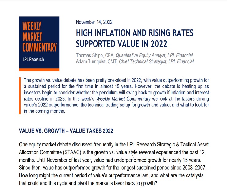 Inflation and Rising Rates Supported Value in 2022 | Weekly Market Commentary | November 14, 2022